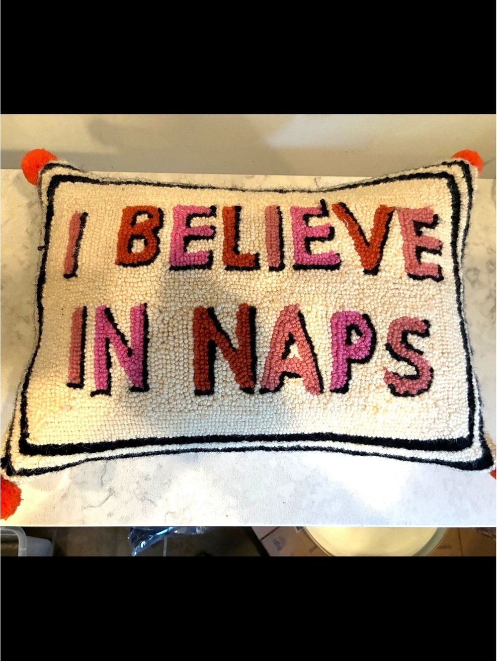 Yvonne Ellen I Believe in Naps Wool Hook Pillow 14x20 Pom Pom Accent